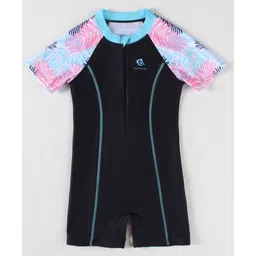 Pine Kids Half Raglan Sleeves Legged Swimsuit With Leaf Print - Black-picture-13