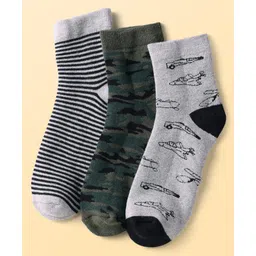 Pine Kids Knit Ankle Length Silvadur Antimicrobial Socks with Stripes & Airplane Design Pack of 3 - Color May Vary-picture-35