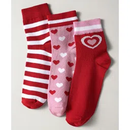 Pine Kids Knit Ankle Length Silvadur Antimicrobial Socks with Strips & Heart Design Pack of 3 - Red & Pink-picture-34