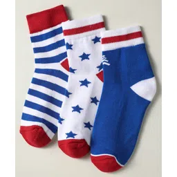 Pine Kids Knit Ankle Length Silvadur Antimicrobial Socks with Strips & Star Design Pack of 3 - Red Blue & White-image-28