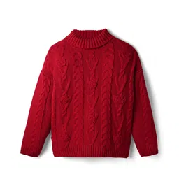 Pine Kids Knit Full Drop Shoulder Sleeves Turtle Neck Pullover Sweater with Cable Knit Design - Red image 2