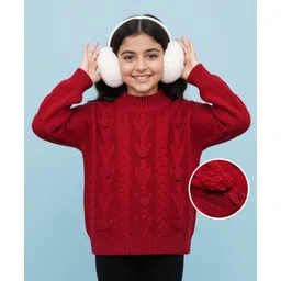 Pine Kids Knit Full Drop Shoulder Sleeves Turtle Neck Pullover Sweater with Cable Knit Design - Red-picture-15