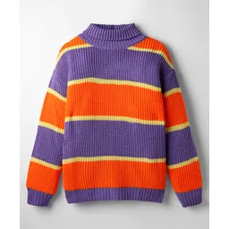 Pine Kids Knit Full Drop Shoulder Sleeves Turtle Neck Pullover Sweater with Color Block Design - Purple & Orange-picture-16