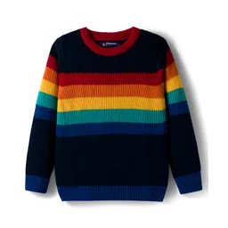 Pine Kids Knit Full Sleeves Pullover Sweater with Stripe Design - Navy Blue Yellow & Red-image-13