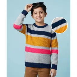 Pine Kids Knit Full Sleeves Pullover Sweater with Stripes Design - White-image-25