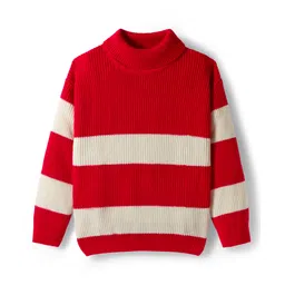 Pine Kids Knit Full Sleeves Pullover Turtle Neck Sweater with Stripe Design - Red & White-image-15