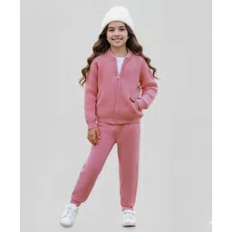 Pine Kids Knit Full Sleeves Solid Color Front Open Hooded Sweater Set - Pink-picture-25