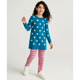 Pine Kids Knit Full Sleeves Sweater Set with Polka Dot Design & Stripes - Teal Blue & Pink-image-30