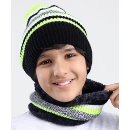 Pine Kids Knit Woollen Cap and Muffler Set with Stripes Design Black & White - Diameter 18 cm-image-26