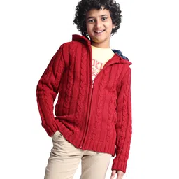 Pine Kids Knitted Full Sleeves Hooded Front Open Sweater with Cable Knit Design - Dark Red-picture-17