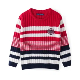 Pine Kids Knitted Full Sleeves Pullover Sweater with Stripes & Cable Knit Design - Red-image-35