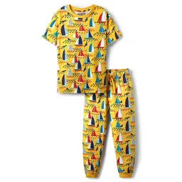 Pine Kids Single Jersey Knit Half Sleeves Co-Ord Night Suit with Boat Print - Yellow-picture-31