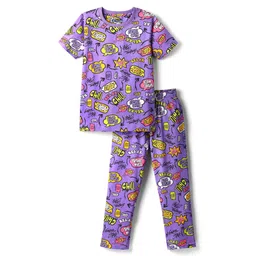 Pine Kids Single Jersey Knit Half Sleeves Co-ord Night Suit with Chill & Relax Text Print - Purple-picture-16