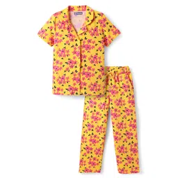 Pine Kids Single Jersey Knit Half Sleeves Co-Ord Night Suit With Floral Print - Gold-picture-22