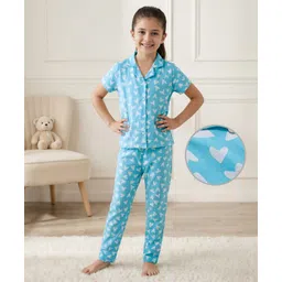 Pine Kids Single Jersey Knit Half Sleeves Co-Ord Night Suit with Heart Print - Light Blue-picture-36