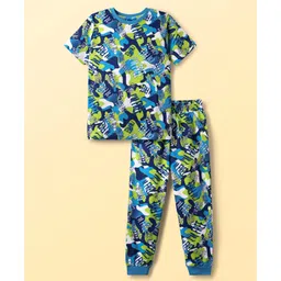 Pine Kids Single Jersey Knit Half Sleeves Co-Ord Night Suit with Im Free Text Print - Green & Blue-picture-37