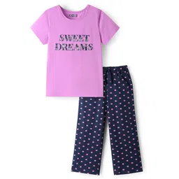 Pine Kids Single Jersey Knit Half Sleeves Night Suit with Polka Dot & Sweet Dreams Text Print - Navy Blue & Pink-picture-13