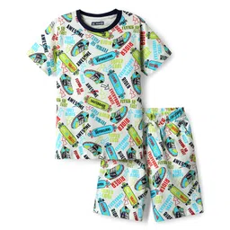 Pine Kids Single Jersey Knit Half Sleeves Shorts Co-Ord Night Suit With Skating Print - Off White-picture-39