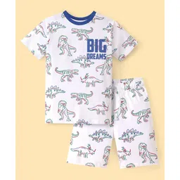 Pine Kids Single Jersey Knit Half Sleeves Shorts Night Suit With Dino Print - White-picture-11