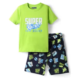 Pine Kids Single Jersey Knit Half Sleeves Shorts Night Suit with Super Racer Text Print - Limegreen-picture-16