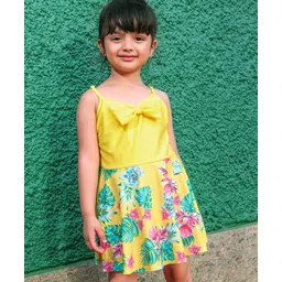 Pine Kids Sleeveless Floral Printed Frock Style Swimsuit with Bow Applique-Yellow-picture-14