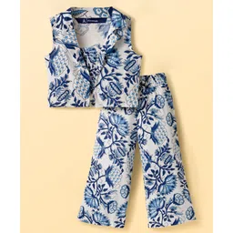 Pine Kids Sleeveless Floral Printed Indo Western Set - Blue-picture-10