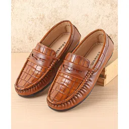 Pine Kids Slip On Party Wear Loafers with Check Design - Tan-image-9