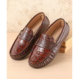 Pine Kids Slip On Party Wear Loafers with Crocodile Texture Design - Brown-image-15