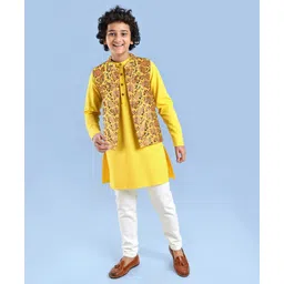Pine Kids Viscose Woven Full Sleeves Solid Kurta Pyjama Set with Floral Printed Jacket - Yellow-picture-25