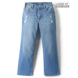 Pine Kids Woven Full Length Washed Denim Jeans With Floral Embroidery - Light Blue-picture-13