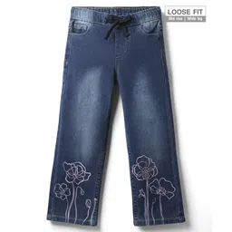 Pine Kids Woven Full Length Washed Denim Jeans With Floral Print - Blue-picture-10