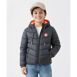 Pine Kids Woven Full Sleeves Hooded Padded Jacket With Kangaroo Pocket & Text Patch - Black-picture-38