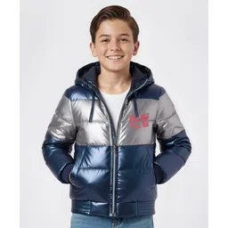 Pine Kids Woven Full Sleeves Hooded Padded Jacket with Text Print - Navy Blue-picture-26