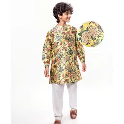 Pine Kids Woven Full Sleeves Kurta & Pajama Set with Floral Print -Mustard-picture-29