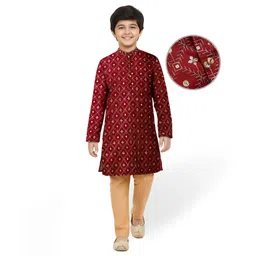 Pine Kids Woven Full Sleeves Kurta Pajama Set with Floral Embroidery & Sequin Detailing - Red-picture-33