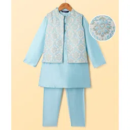 Pine Kids Woven Full Sleeves Kurta Pyjama Set With Floral Embroidered Jacket - Light Blue image 3