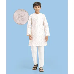 Pine KIds Woven Full Sleeves Kurta Pyjama Set with Sequin Embroidery - White-picture-19