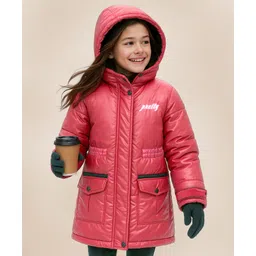 Pine Kids Woven Full Sleeves Padded Hooded Jacket with Quilted Design & Text Patch Detailing - Red-picture-26
