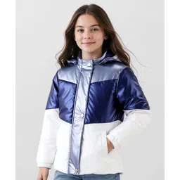 Pine Kids Woven Full Sleeves Padded Jacket with Detachable Hood - Navy Blue & White image 1