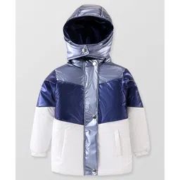 Pine Kids Woven Full Sleeves Padded Jacket with Detachable Hood - Navy Blue & White image 2