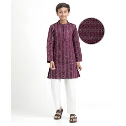 Pine Kids Woven Full Sleeves Sequin Embroidered Kurta Pyjama Set - Wine-picture-10