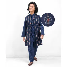 Pine Kids Woven Full Sleeves Sequin Embroidered Kurta Pyjama Set with Jacket - Navy Blue-picture-14