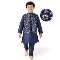 Pine Kids Woven Full Sleeves Solid Color Kurta Pajama Set With Floral Sequinned Jacket  - Navy Blue-picture-11