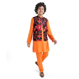 Pine Kids Woven Full Sleeves Solid Colour Kurta Pyjama Set with Floral Print Jacket - Orange-picture-24