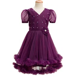 Pine Kids Woven Half Puffed Sleeves Party Dress with Floral Applique & Pearl Detailing - Wine-picture-27