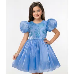 Pine Kids Woven Half Sleeves Party Dress With Glitter Floral Print - Light Blue-picture-12