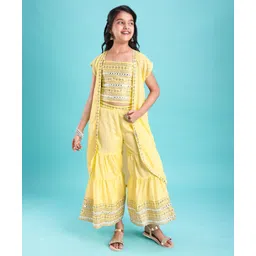 Pine Kids Woven Sequinned Sleeveless Top & Palazzo Set with Shrug-Light Yellow-picture-26