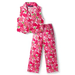 Pine Kids Woven Sleeveless Co-ords Top & Pant Set with Floral Print - Dark Pink-picture-14