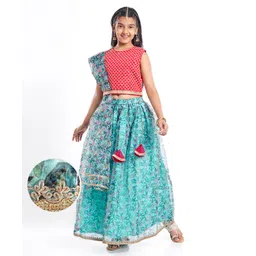 Pine Kids Woven Sleeveless Floral Printed Lehenga Choli & Dupatta Set with Sequin & Lace Detailing - Light Blue & Red-picture-16