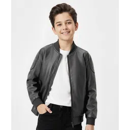 Pine Kids Woven Solid Color Full Sleeves Leather Jacket - Black-picture-26